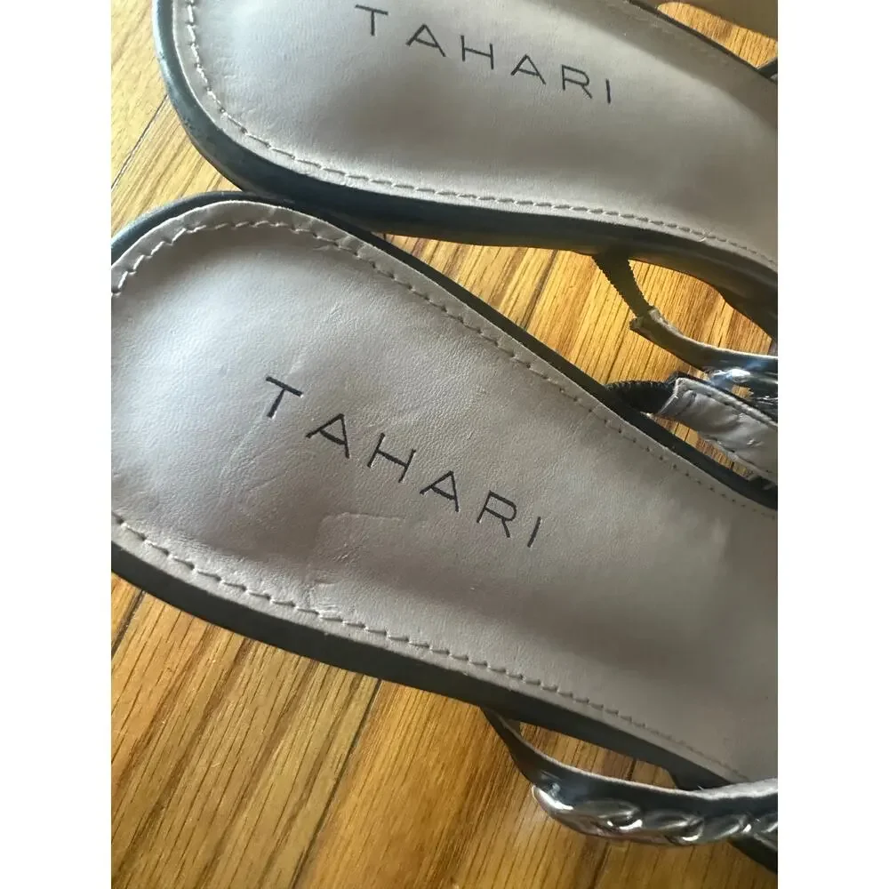 Tahari Black Kitten Heel Mules with Silver Chain Detail – Size 10